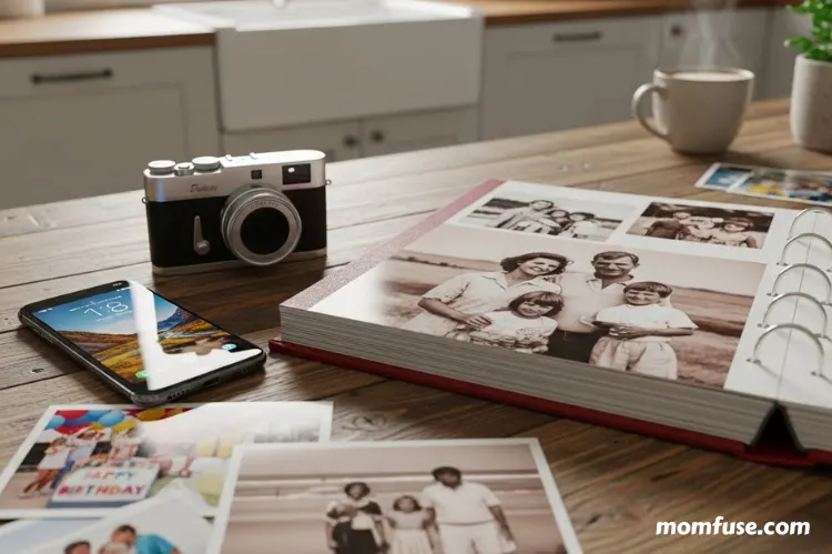 A smartphone, compact camera, and family photo album placed on a kitchen table.