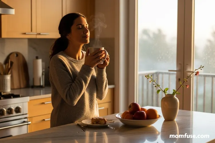A kitchen scene at sunrise — a woman takes a deep breath while holding a cup of coffee.