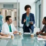Professional healthcare recruiter meeting doctors and nurses, diverse medical team, hospital background.