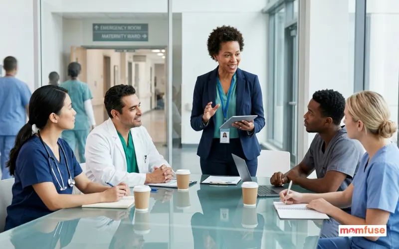 Professional healthcare recruiter meeting doctors and nurses, diverse medical team, hospital background.