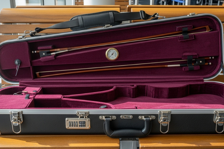 A durable violin case with TSA-approved lock, shoulder straps, hygrometer, and bow holders placed on an airport bench.