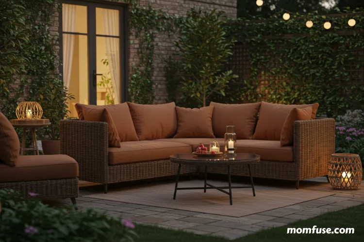 Beautiful backyard patio with a comfortable outdoor sofa, coffee table, and soft cushions.
