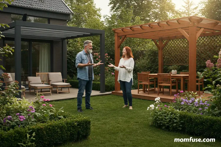 A couple in their backyard choosing between a sleek motorized pergola and a stylish manual pergola.