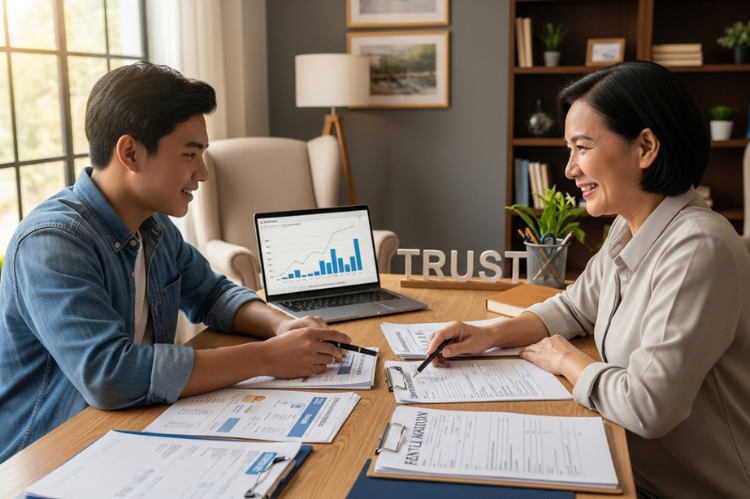Young renter discussing finances with a family member while reviewing documents. 