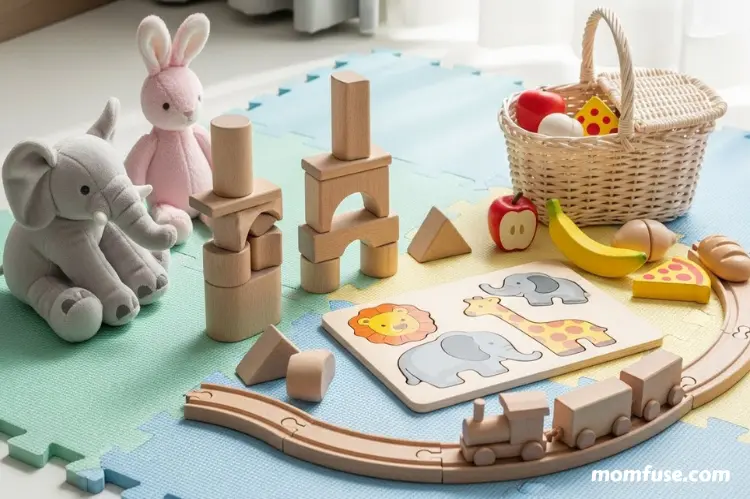 A selection of open-ended toys, and play food arranged neatly on a child’s play mat.