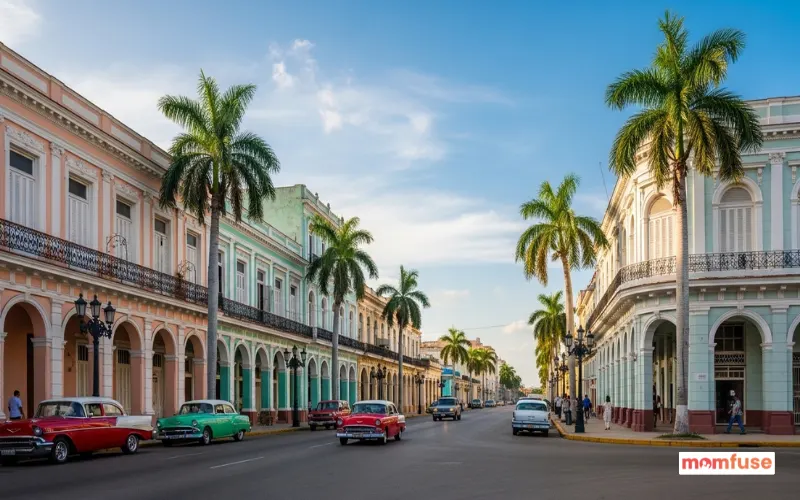 Elegant neoclassical architecture in Cienfuegos Cuba, wide boulevards, pastel buildings with balconies, palm trees.