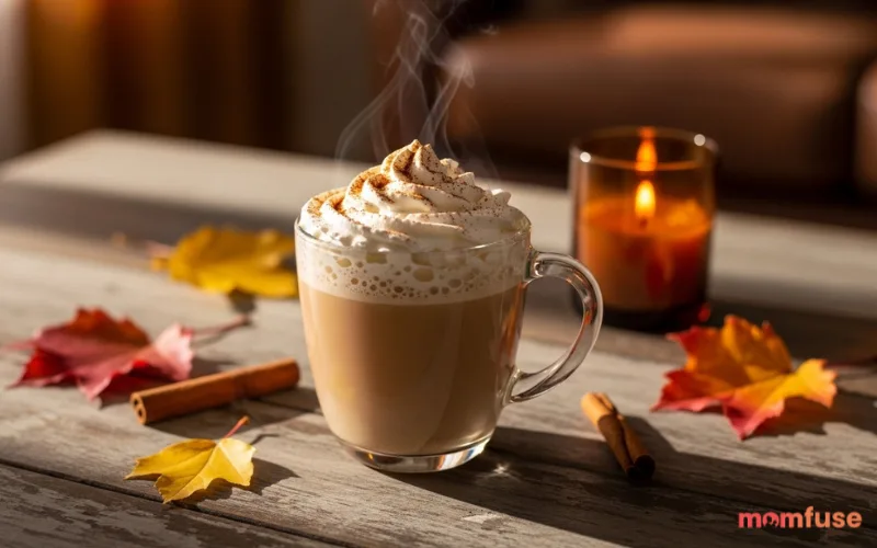 “cinnamon latte with whipped cream and spice topping, warm fall vibe”