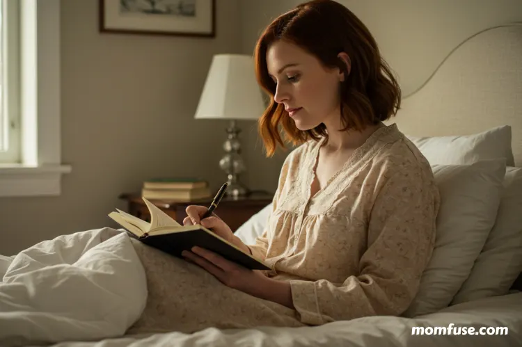 A thoughtful woman alone in a journal-writing moment sitting on a bed.