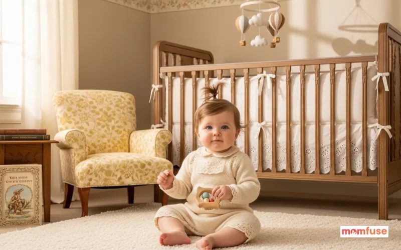Baby in vintage-style outfit sitting in a timeless nursery setting, soft warm tones, classic and elegant feel.