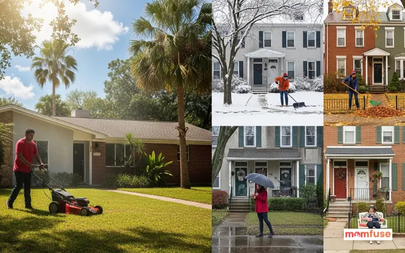 Houston hot and humid summer vs Philadelphia four seasons (snow, fall leaves, spring rain, summer sun), realistic residential homes, lifestyle contrast.