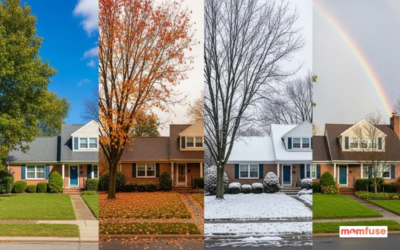 Philadelphia four-season home: summer sun, fall trees with red and yellow leaves, winter snow, spring rain.