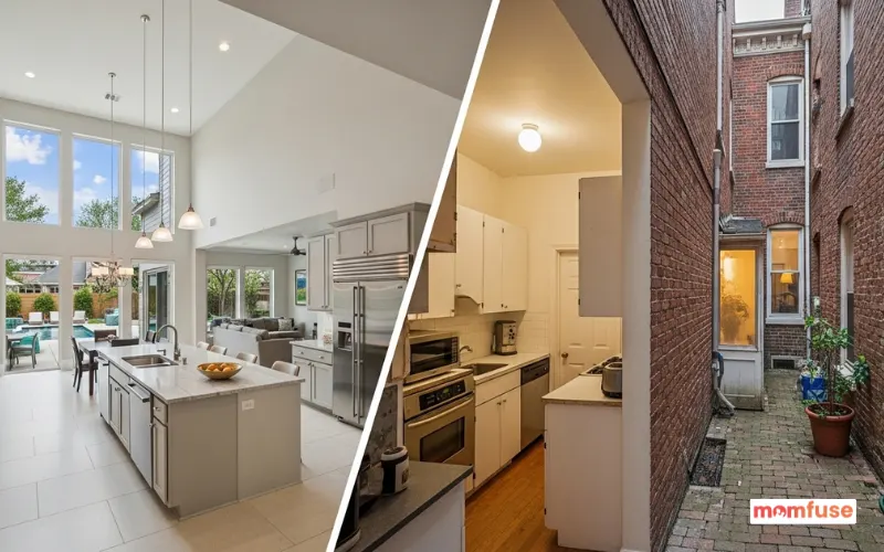 Comparison of Houston home with open interior, big kitchen and spacious backyard vs Philadelphia narrow home.