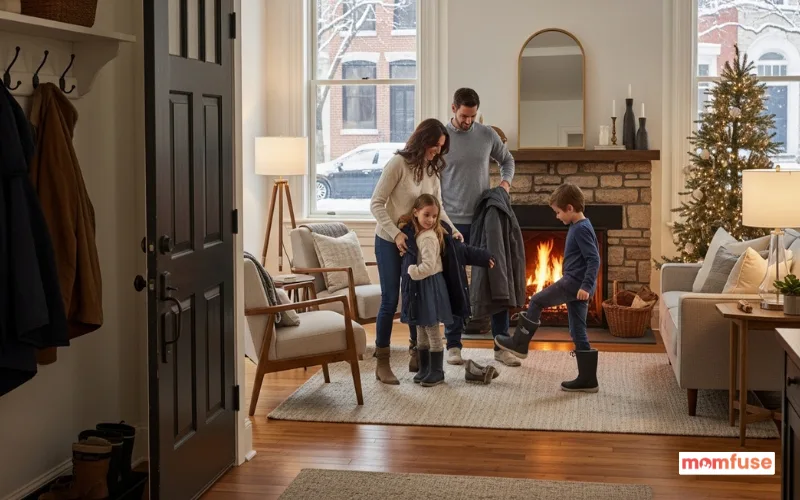 Philadelphia winter scene, snow-covered street, family entering warm living room, coats and boots stored in entryway, cozy fireplace.