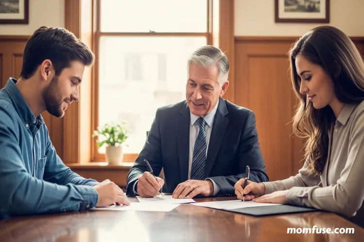 A closing meeting at a real estate office with documents being signed.
