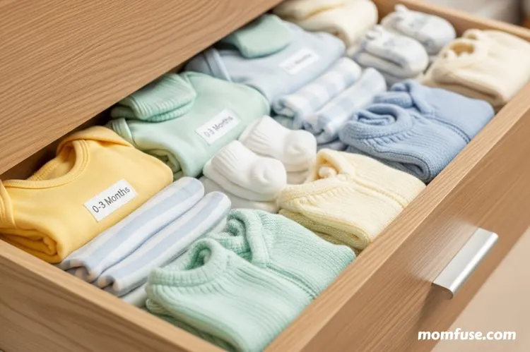A tidy drawer with neatly folded newborn clothes.