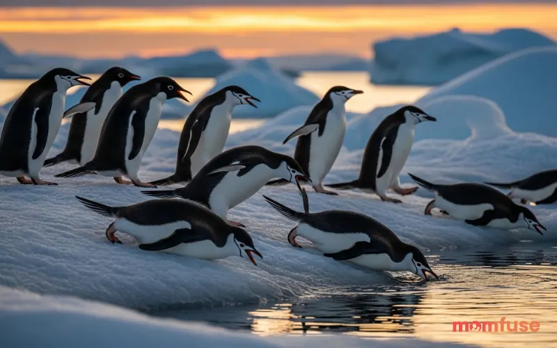 Group of penguins interacting playfully, colorful icy setting, lively scene, bright lighting, realistic but vibrant tones