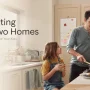 Father cooking breakfast with two children in a kitchen, illustrating co-parenting across two homes.
