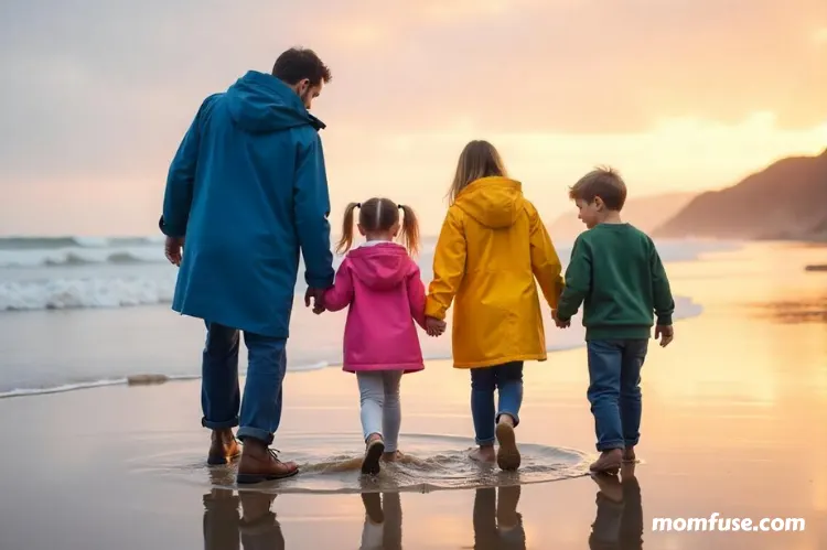 A peaceful beach scene in early spring with a family exploring tide pools.