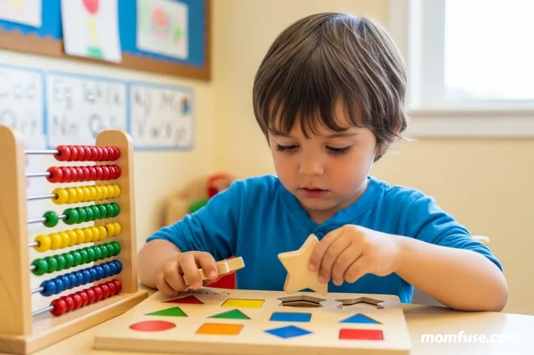 Preschool child solving wooden puzzle and counting board.