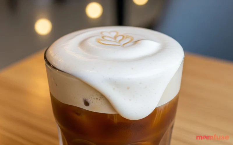 “iced coffee with thick cold foam topping, creamy texture, aesthetic close-up, modern café style”