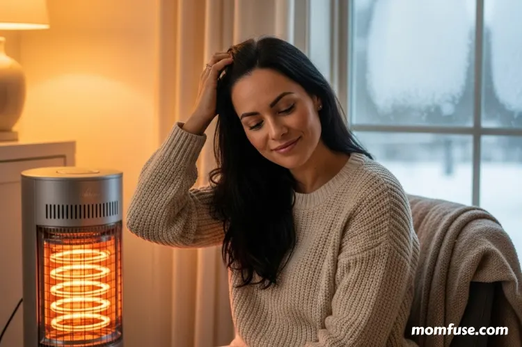 Woman indoors near a heater, touching scalp gently, winter atmosphere, soft lighting, lifestyle beauty.