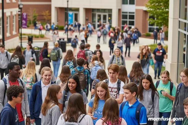 Middle and high school students visiting a college campus.