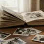 A nostalgic family photo album on a wooden table, old black and white photos scattered around.