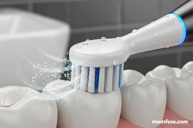 Smart electric toothbrush in action removing plaque gently.