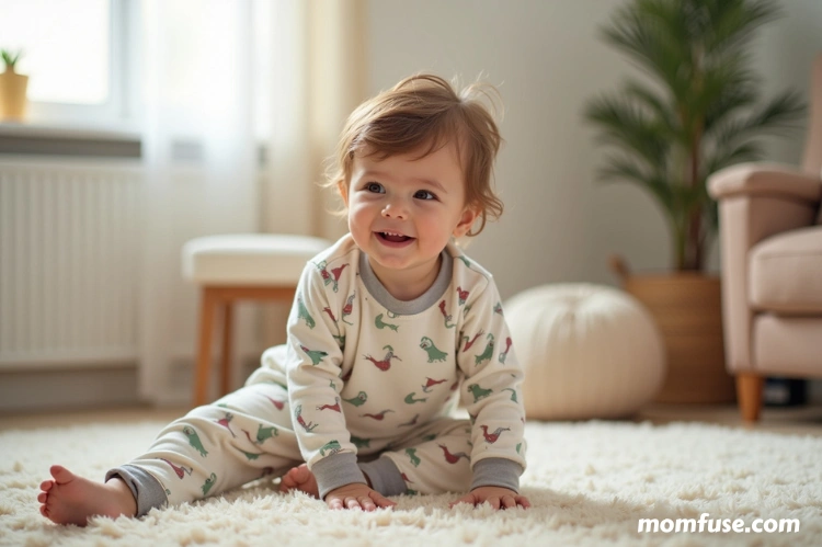 A happy toddler playing in a cozy home setting, dressed in soft