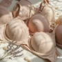 A modern, soft-toned flatlay featuring elegant bras in neutral and pastel shades.