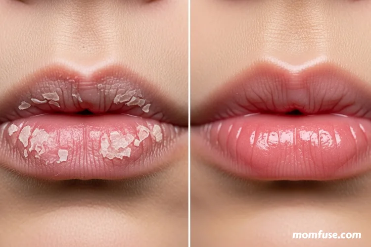 Dry cracked lips contrasted with smooth hydrated lips, split-screen concept, skincare education style.