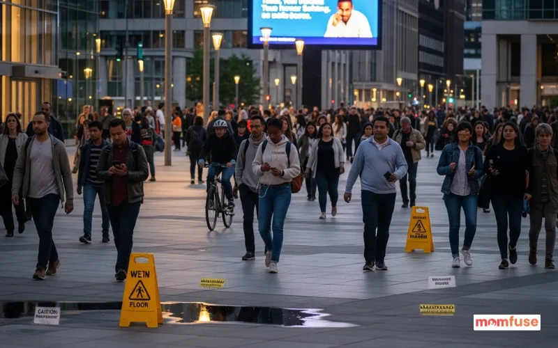 Busy public space with people walking, subtle hazard signs, diverse crowd, safety emphasis, realistic lighting.