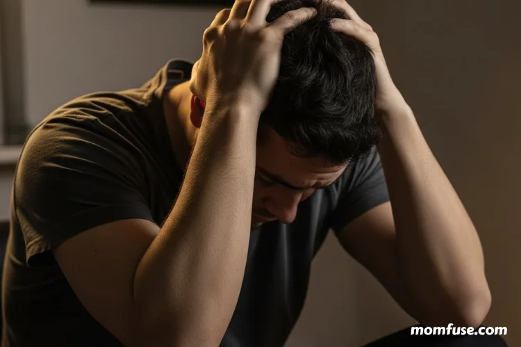 Emotional, realistic portrait showing signs of stress—person sitting with head down.