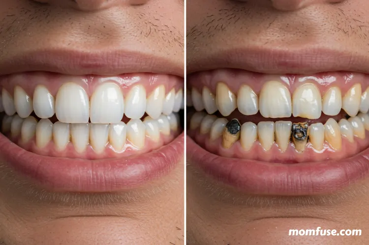 A man split-screen image showing healthy teeth on one side and decayed, damaged teeth on the other.