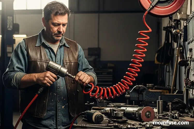 Mechanic connecting an air hose reel to pneumatic tools such as an impact wrench and grinder.