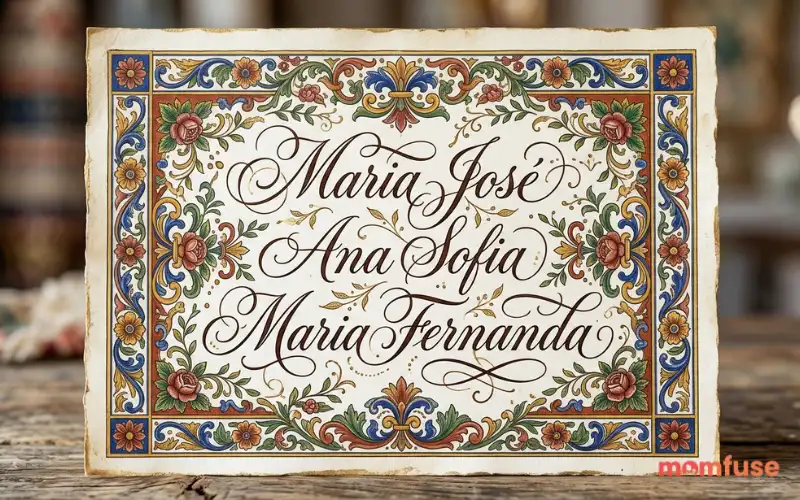 Elegant calligraphy displaying Maria Jose, Ana Sofia, Maria Fernanda, floral Spanish design background