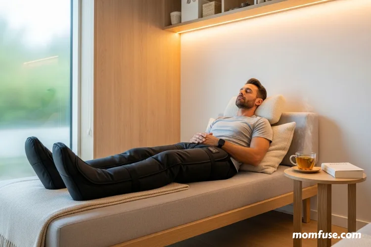 Modern wellness setup with a man relaxing on a bed wearing sleek black compression boots.