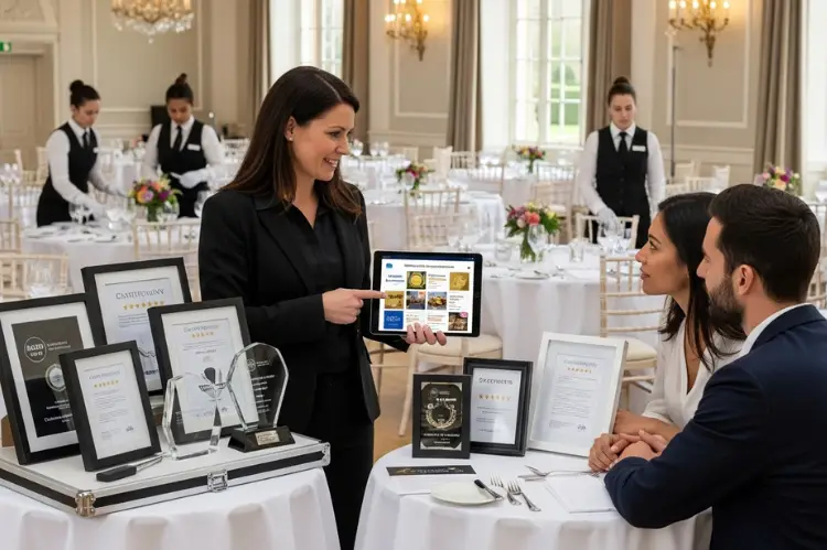 A catering manager showing awards, framed testimonials, and an iPad with positive online reviews to clients.