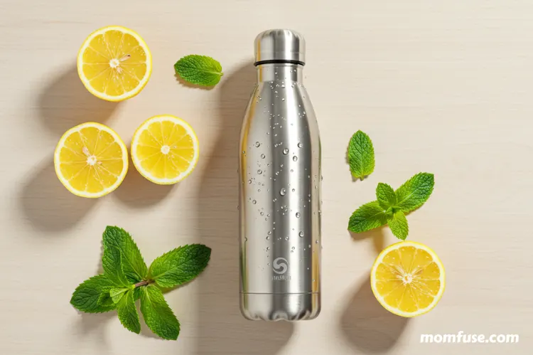 A refreshing flat-lay of a water bottle, lemon slices, mint leaves in table.