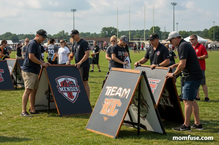Foldable and portable team signs with carrying handles, being set up at an outdoor event.
