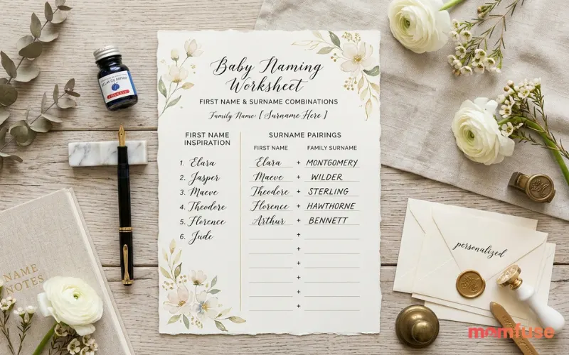 Baby naming worksheet with first name and surname combinations, elegant stationery flat lay