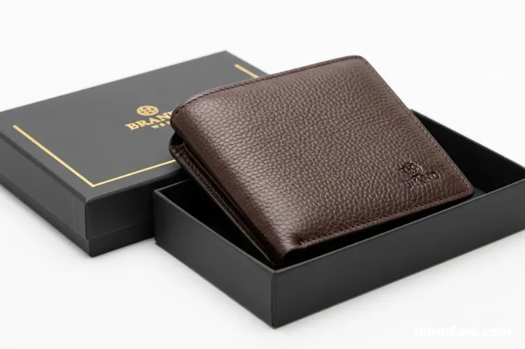 display of a premium leather wallet with brand packaging. -genuine leather guide