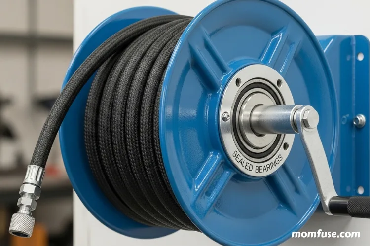 Close-up of a heavy-duty steel industrial air hose reel with sealed bearings and powder-coated finish.