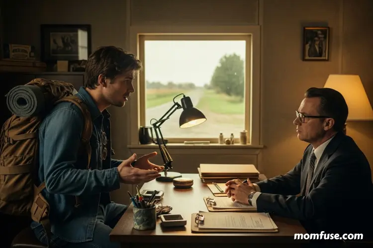 A serious discussion between a traveler and a lawyer at a roadside office.