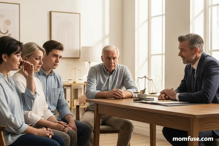 A grieving family in a calm office environment talking to a lawyer.
