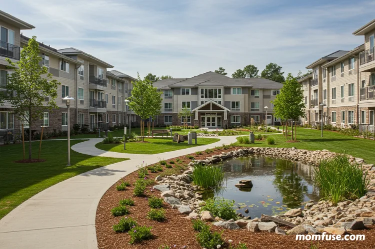 A modern retirement community campus with walking paths.