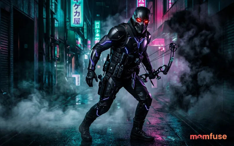 “dark edgy hunter character, black outfit, glowing eyes, smoke and shadows, cyber-fantasy vibe, high contrast”