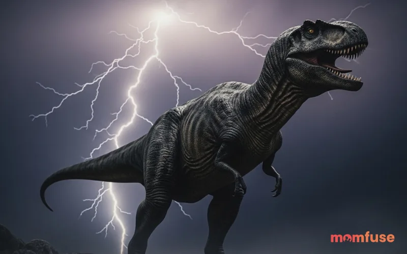 Dark-toned dinosaur standing in stormy environment, lightning in background, dramatic cinematic lighting