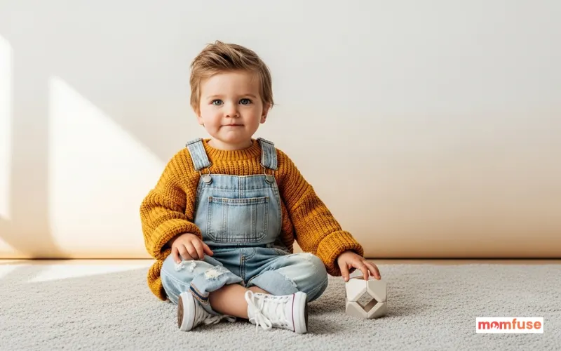 Confident-looking toddler in trendy outfit, sitting against a modern minimalist backdrop.