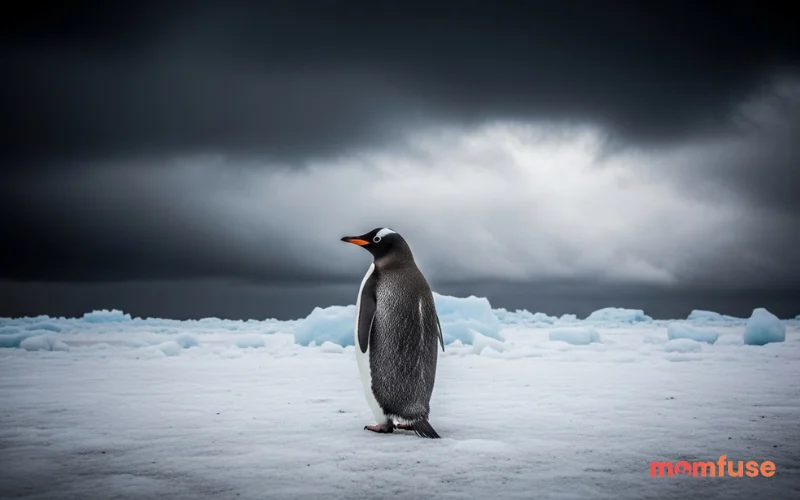 Penguin standing alone against stormy icy backdrop, strong contrast lighting, bold and dramatic mood, ultra realistic